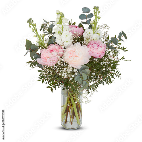 Fototapeta Naklejka Na Ścianę i Meble -  Fresh Bouquet of flowers in a glass vase cut out isolated transparent background