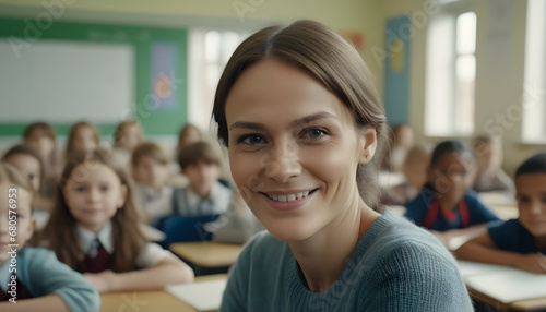 a happy elementary school instructor observing a camera as the pupils are learning in the backdrop
