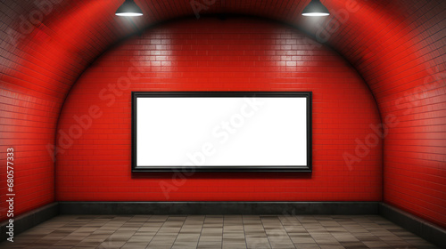 Arched subway station passageway with red tiles and central blank billboard. Generative AI