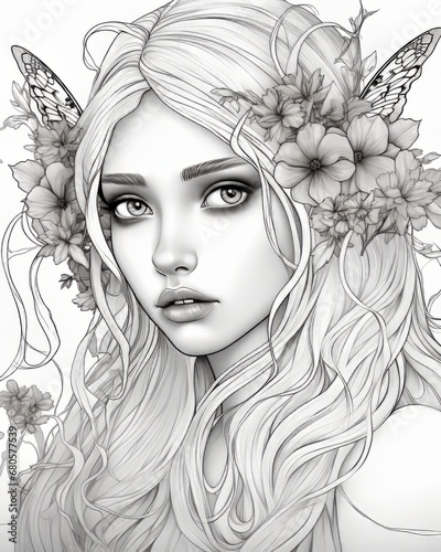 Cute fairy princess for coloring pages, flowers, coloring