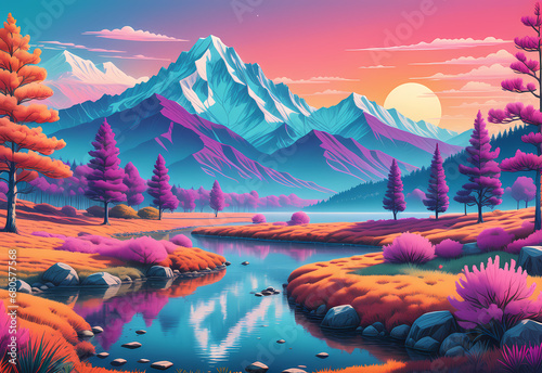 A stunning landscape designed in the Riso style featuring vibrant colors and abstract background ai generated