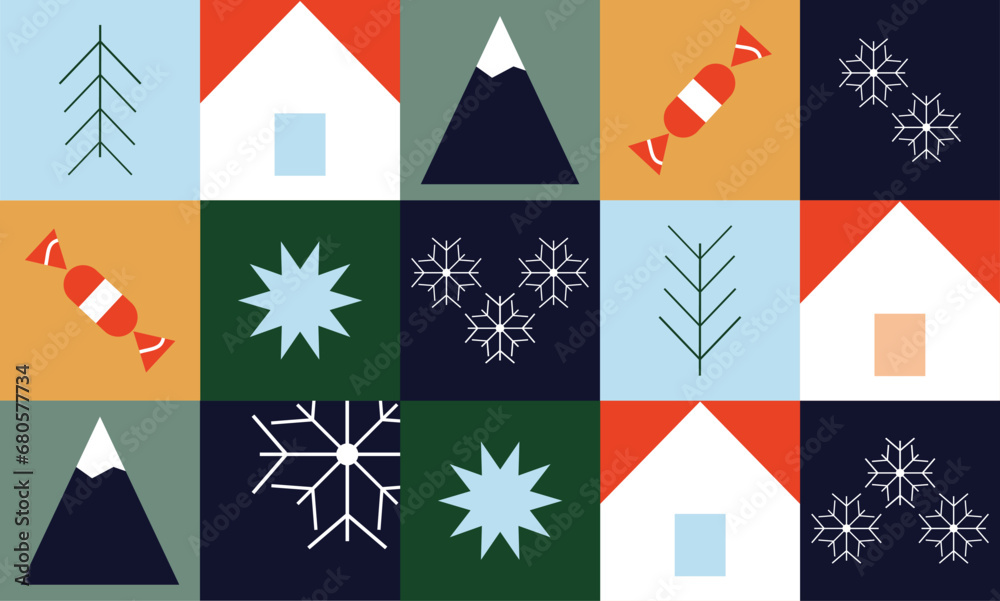 Geometric winter pattern in festive colors. Winter snowflakes, holiday candies, house in the snow. Pattern for printing on fabric and packaging. Vector drawing, design elements.