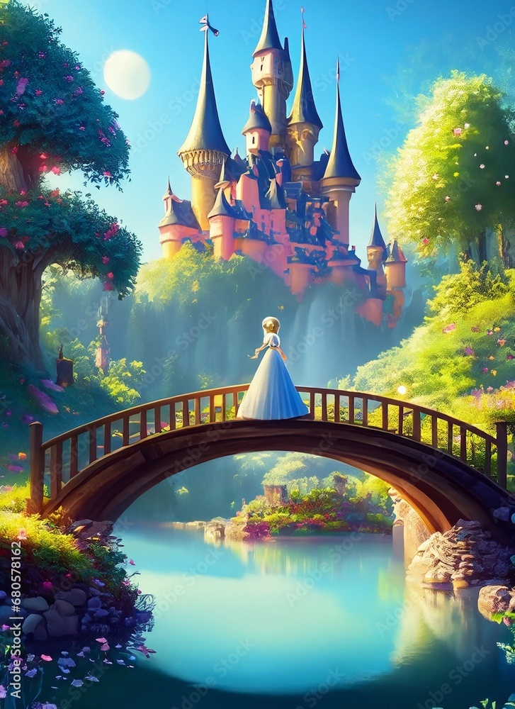 illustrated fairytale castle with a princess suitable for children