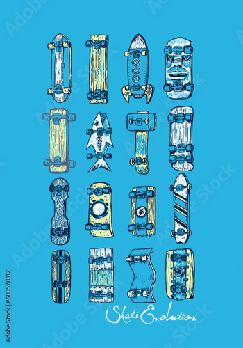 Vector illustration of imaginary skateboards without reference to real boards. Content created in the imagination base as they would in cartoon style.
