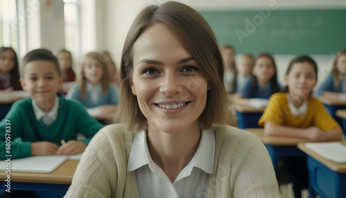 joyful Educator Surrounded by Enthusiastic Elementary Students in Classroom Pose for the Camera