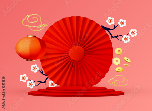 3D Round Podium with Red Paper Fan Cherry Blossom and Lantern. Chinese and Lunar New Year design template. Asian holiday.