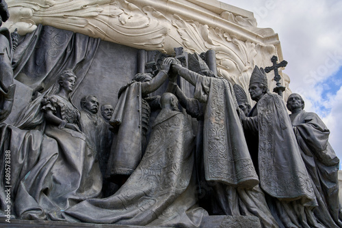 Gyula Andrassy statue close up of the bronze relief of the Coronation of 1867, in central Budapest, Hungary. photo