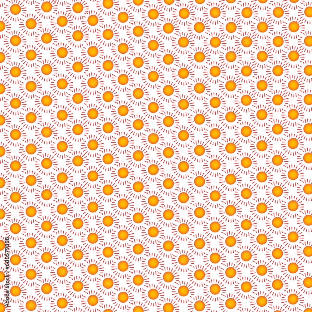 Seamless Beige and orange pattern with symmetrical geometric ornament in orange color, Abstract background with repeated circles representing the sun, orange and beige background, vector illustration 