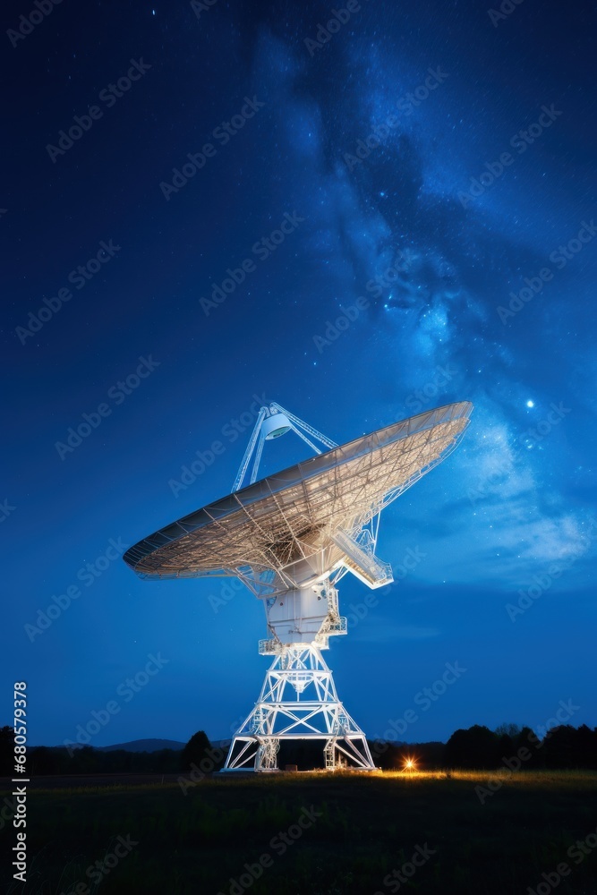 Huge radio telescope aimed directly into sky in middle of deserted desert catching signals. Large modern radio telescope aimed at sky catches signals and transmits to scientists for recognition Huge radio telescope aimed directly into sky in middle of deserted desert catching signals. Large modern radio telescope aimed at sky catches signals and transmits to scientists for recognition