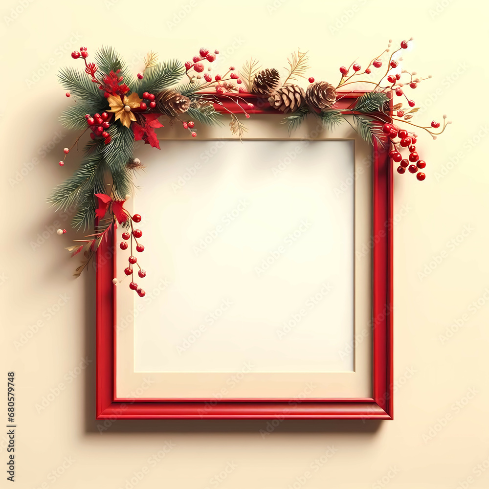 Empty Frame: Adorned with Christmas Ornaments, Pine Cones, Pine Branches, and Red Berries on a Creamy Background Empty Frame: Adorned with Christmas Ornaments, Pine Cones, Pine Branches, and Red Berries on a Creamy Background