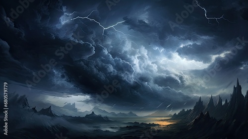 A stormy sky with dark, swirling clouds and flashes of lightning, symbolizing a tumultuous emotional state. The landscape below is rugged and chaotic, mirroring the intensity of the storm above.