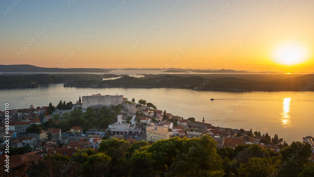 Evening view from above the old town of Sibenik in Croatia from the St. Michael's fortress.