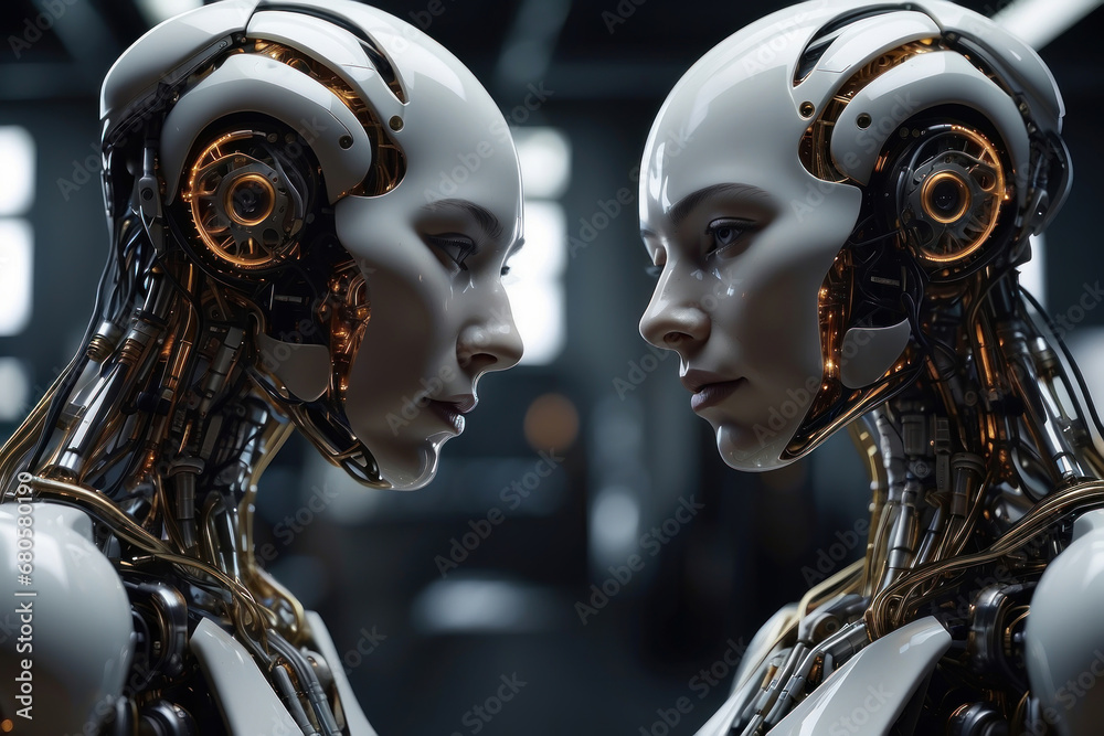 White cyborg robot scientist, dynamic movement, experience with cybernetic intelligence. A young android robot in production, with metal on his face
