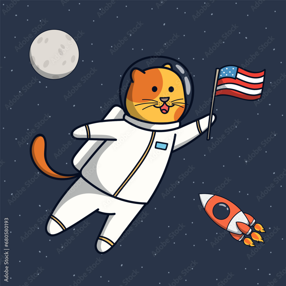 Cute cat astronaut with american flag on the space background Cute cat astronaut with american flag on the space background