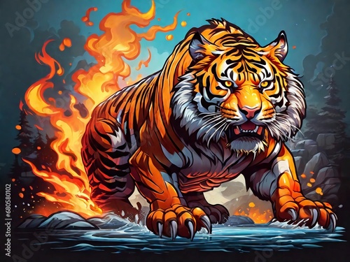 a tiger with fire effect  highly detailed  t-shirt design
