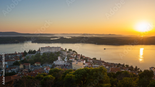 Evening view from above the old town of Sibenik in Croatia from the St. Michael s fortress.