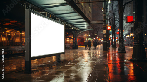 Rainy evening at a bus stop with a brightly lit advertisement display. Urban life and outdoor advertising concept Generative AI