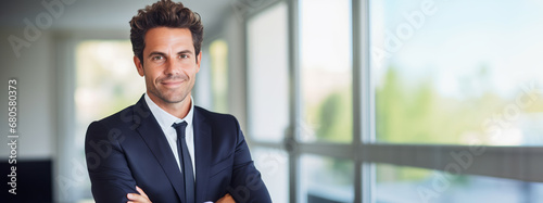 Portrait of handsome man. Businessman in formal suit. Career success concept. Office background. Guy smiles and look at the camera. Ai generative.