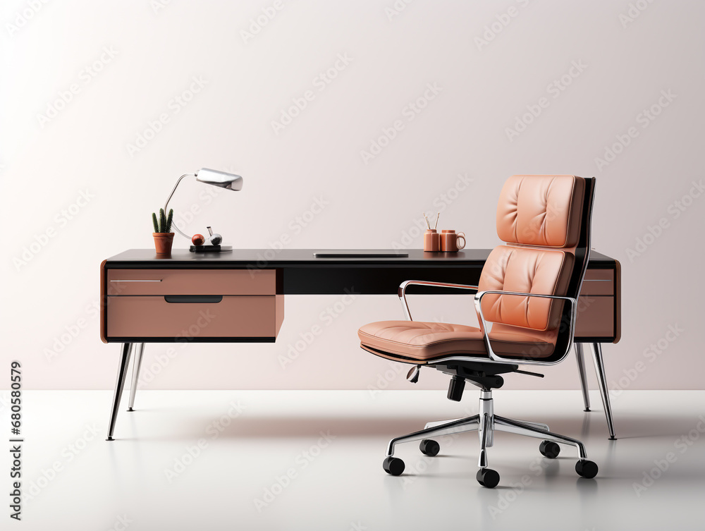 3D image of office desk and chair. Minimalist style isolated on a white background. There is a small flower plant in a vase as an ornament. 3D image of office desk and chair. Minimalist style isolated on a white background. There is a small flower plant in a vase as an ornament.