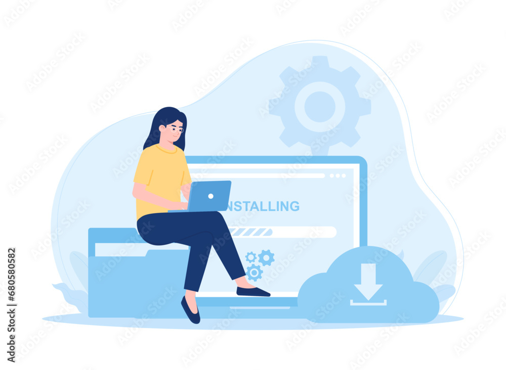 A woman is checking a device for repairs concept flat illustration