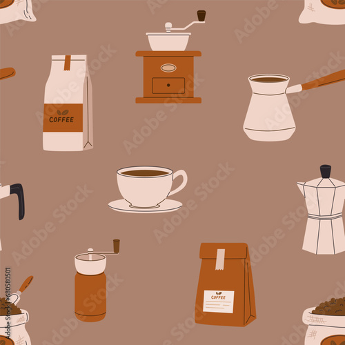 Seamless pattern with coffee accessories, cup, grinder, cezve, beans. Perfect for cafe, menu, packaging