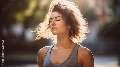 Yoga woman with closed eyes meditates. Relaxation concept. Ai generative