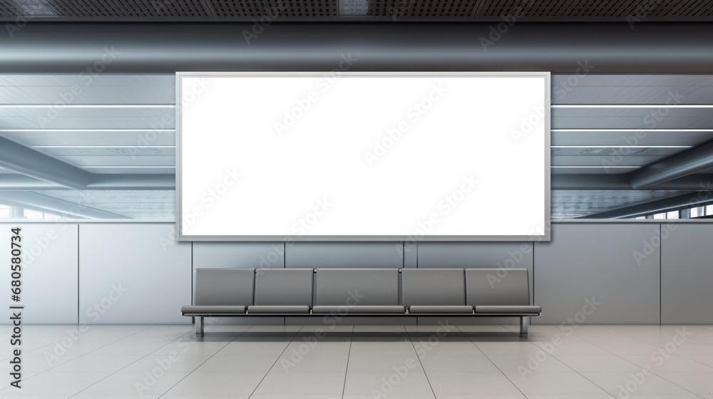 Spacious airport terminal with empty poster and grey seating. Modern minimalism. Generative AI Spacious airport terminal with empty poster and grey seating. Modern minimalism. Generative AI