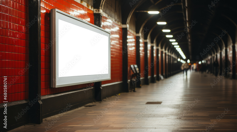 Subway station archway with red tiles and empty advertisement board. Symmetry and urban design concept Generative AI Subway station archway with red tiles and empty advertisement board. Symmetry and urban design concept Generative AI