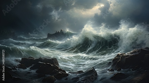 A stormy seascape at night, with tumultuous waves and dark, threatening clouds. The horizon is centered, providing space above or below for text. The sea is a metaphor for turmoil and fear. photo
