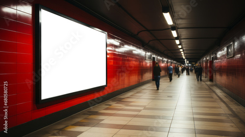 Underground subway tunnel with vibrant red walls and large advertisement. Deep perspective and marketing concept Generative AI photo