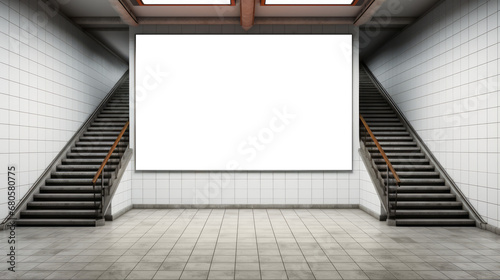 White tiled metro station with blank ad space and dual staircases. Urban commute concept. Generative AI