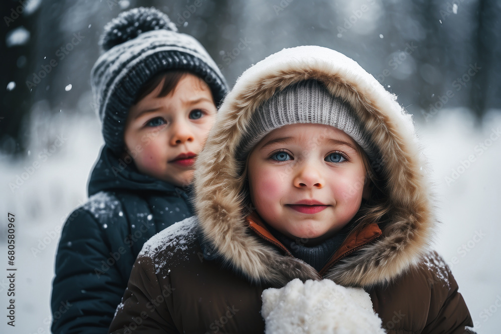 portrait of a child in winter, a happy baby dressed in winter clothes, rejoicing in the first snow. brother and sister. the concept of winter holidays