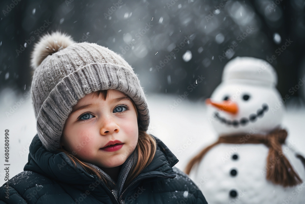 portrait of a child in winter, a happy baby dressed in winter clothes, rejoicing in the first snow. snowman in the background. the concept of winter holidays portrait of a child in winter, a happy baby dressed in winter clothes, rejoicing in the first snow. snowman in the background. the concept of winter holidays