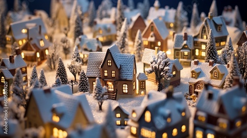 Snow-Covered Miniature Village with Illuminated Cottages