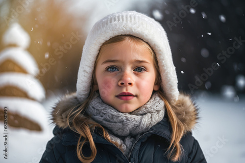 portrait of a child in winter, a happy baby dressed in winter clothes, rejoicing in the first snow. the concept of winter holidays