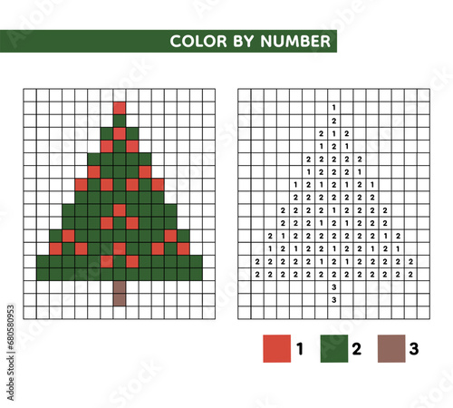 Coloring book. Christmas tree with bow. Color by number educational game for kids. Vector illustration. Christmas pixel art. Numbered squares.