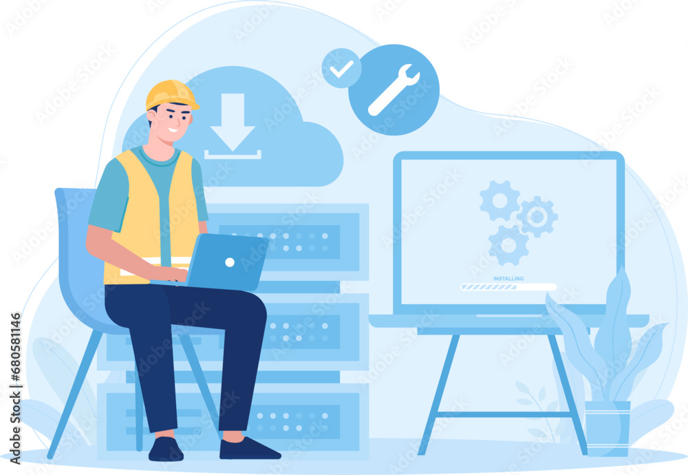 A man is checking a device for repairs concept flat illustration A man is checking a device for repairs concept flat illustration