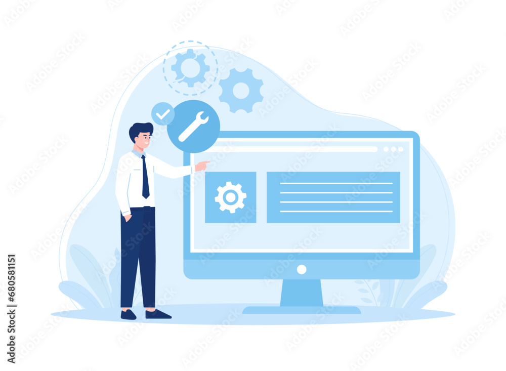 A man is checking a device for repairs concept flat illustration