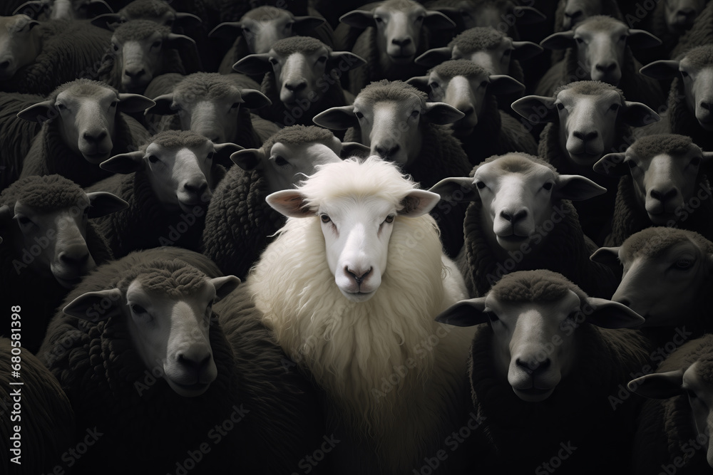 A white sheep stands out among a flock of black sheep.