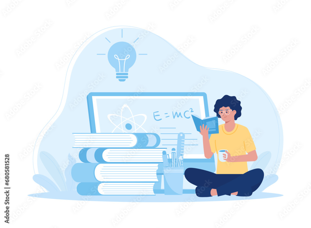 A woman is reading and searching to gain new knowledge concept flat illustration