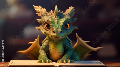 Charming animated dragon with an open book © Tessa