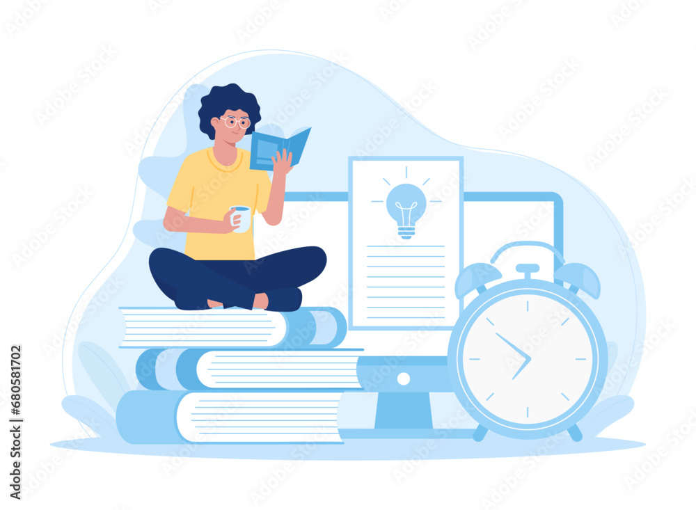 A woman is reading and searching to gain new knowledge concept flat illustration A woman is reading and searching to gain new knowledge concept flat illustration