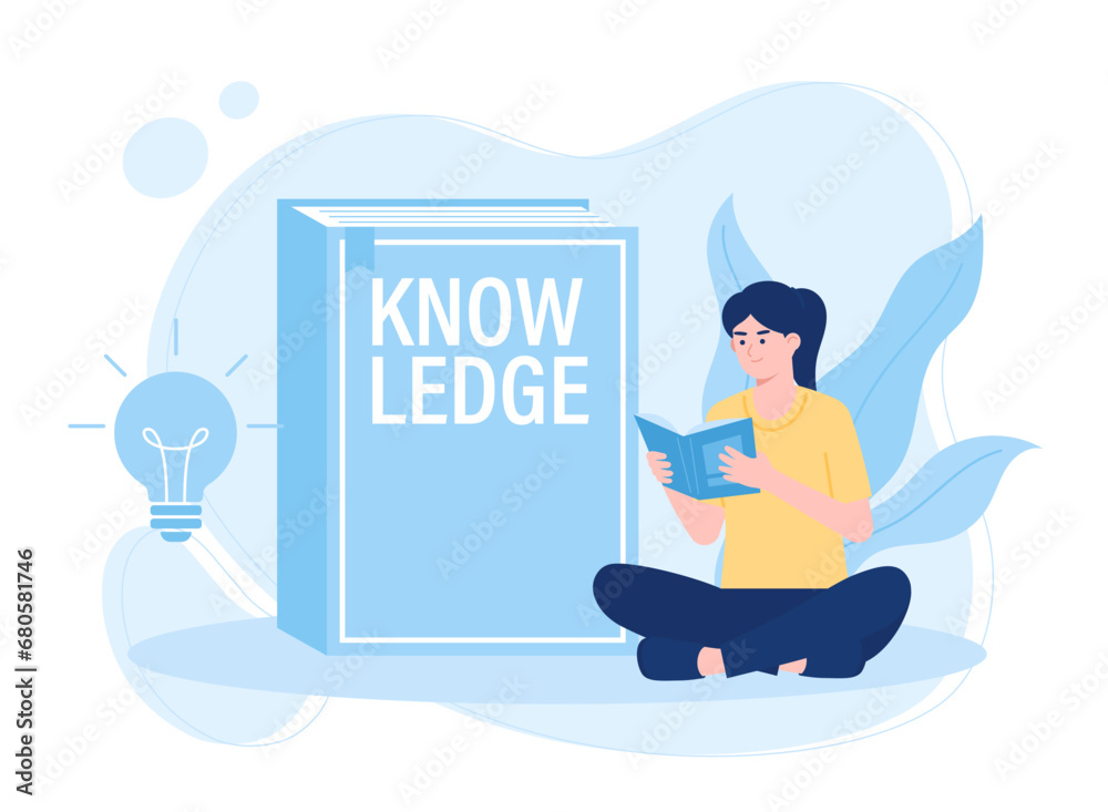 Fototapeta premium A woman is reading and searching to gain new knowledge concept flat illustration