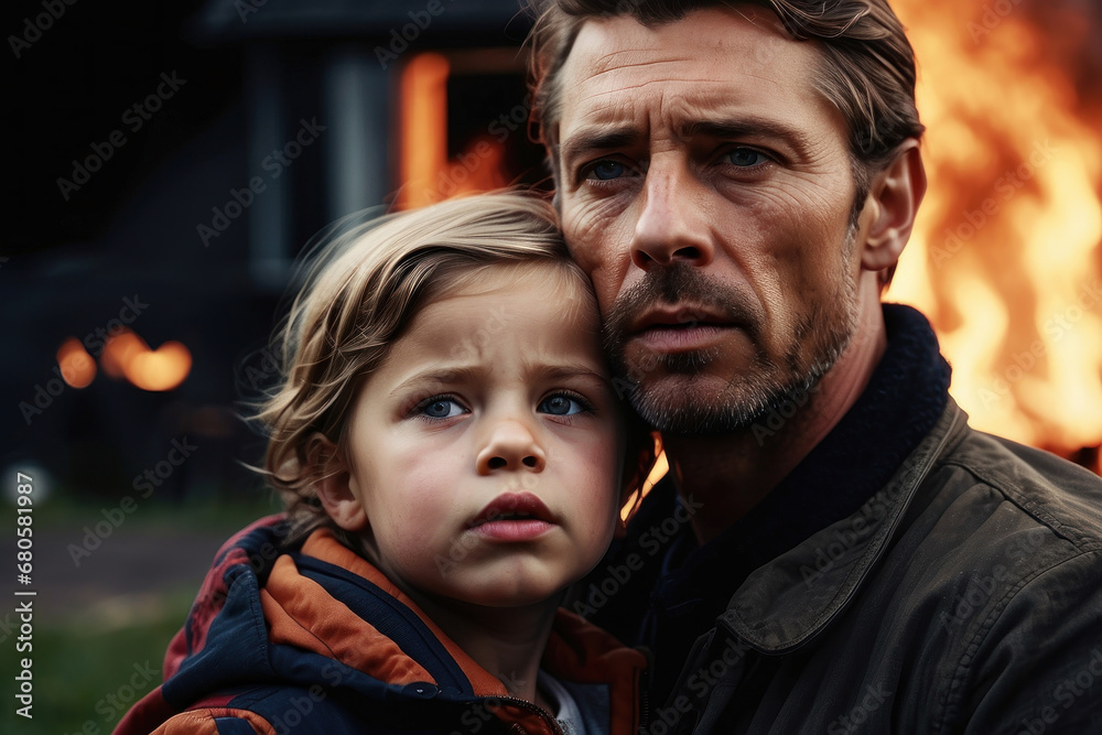 Portrait of an adult man with a child in despair, a sad look, the ruins of a house in the background, flames and smoke from a fire. Tense scene: a family without an apartment. home loss concept Portrait of an adult man with a child in despair, a sad look, the ruins of a house in the background, flames and smoke from a fire. Tense scene: a family without an apartment. home loss concept