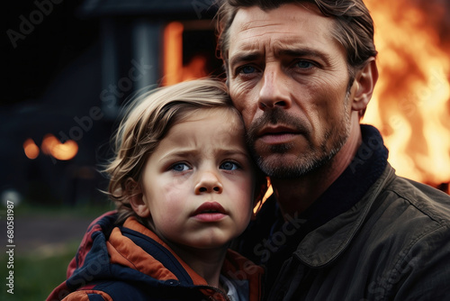 Portrait of an adult man with a child in despair  a sad look  the ruins of a house in the background  flames and smoke from a fire. Tense scene  a family without an apartment. home loss concept