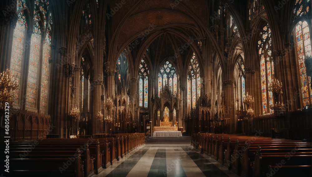 a breathtaking image of a majestic cathedral with towering spires, intricate stained glass windows, and ornate architectural details - AI Generative