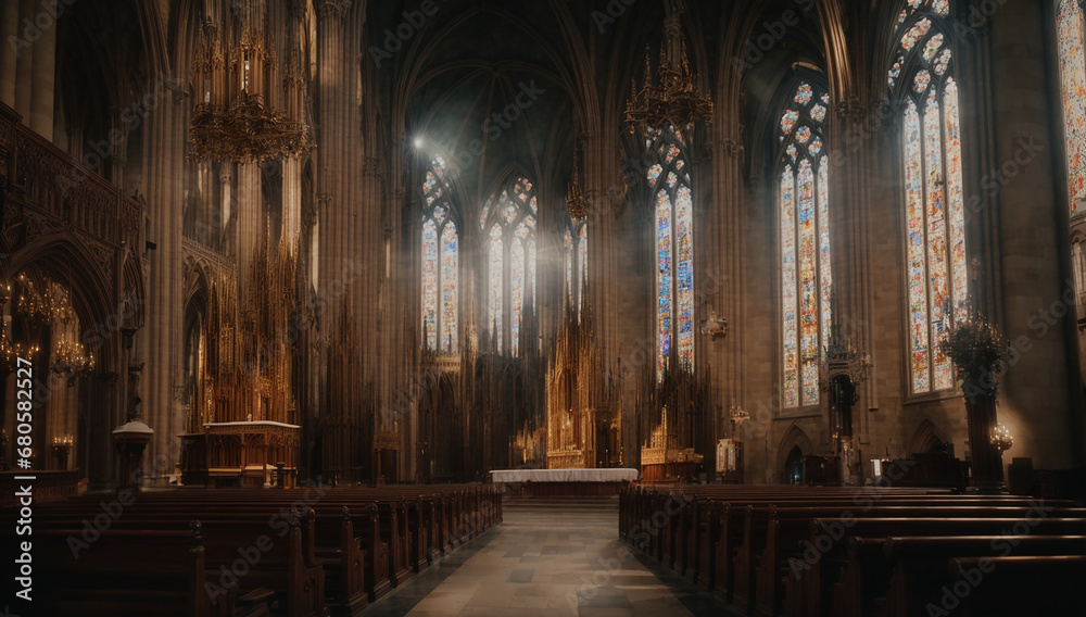 a breathtaking image of a majestic cathedral with towering spires, intricate stained glass windows, and ornate architectural details - AI Generative
