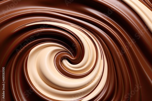 Chocolate elegance. Brown swirls and creamy waves in abstract motion. Liquid temptation. Whirling delight in deliciously wavy background