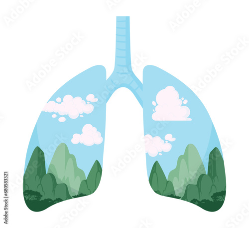 Green planet lungs metaphor. Cartoon clean lungs, human healthy lungs with nature clouds and trees. Environment care concept flat vector illustration