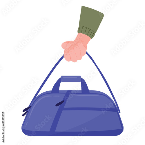 Hand holding sport bag. Textile duffel bags in hand, male hand hold sport bag flat vector illustration. Travel duffel bag in hand